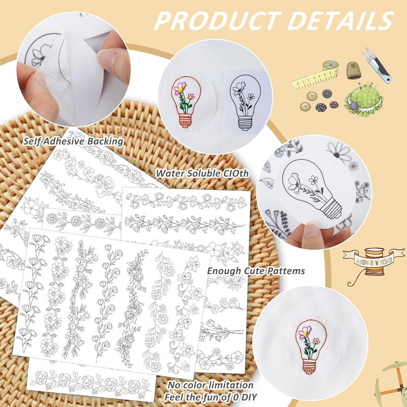 CRASHOT Water Soluble Stabilizer Embroidery Pattern - Flower Border Stick & Stitch Embroidery Paper Wash Away, Running Border Hand Sewing Patterns for Jean Bag T-Shirt (4 Sheets) - Image 4